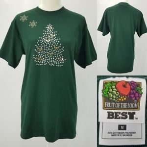 Vtg 90s Womens Medium Forest Green Studded Bows Stars Christmas T-shirt